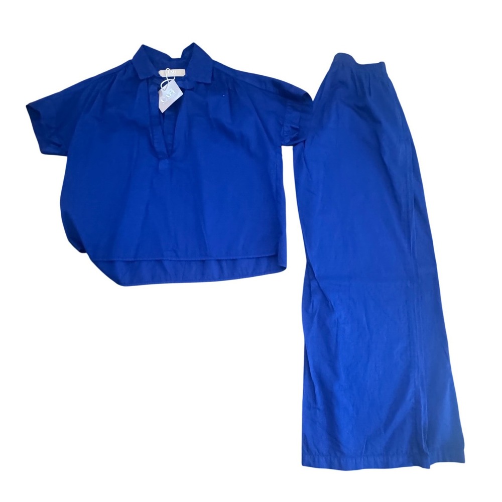 Cali Dreaming Royal Blue Cotton Poplin Motley Top and Palais Pant Set‎ Small